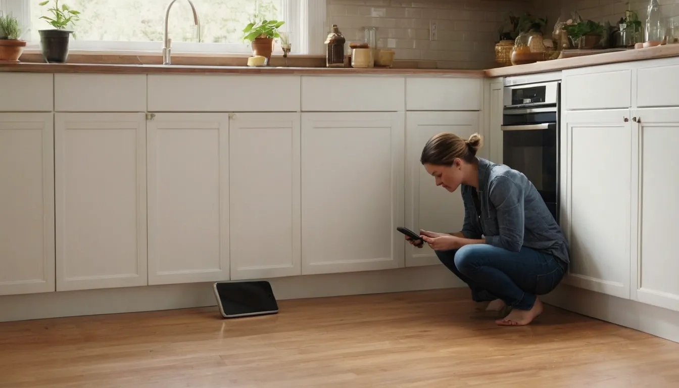 Homeowner taking a photo of a pest problem near a kitchen baseboard